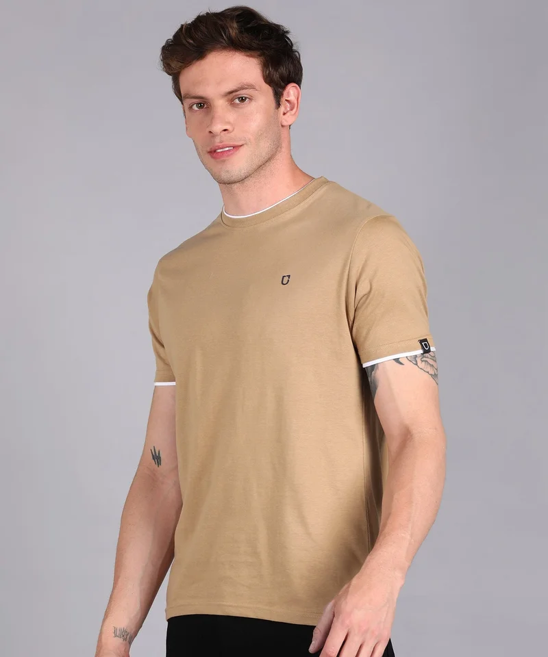 Urbano Fashion Men's Solid Khaki Round Neck Half Sleeve Slim Fit Cotton T-Shirt